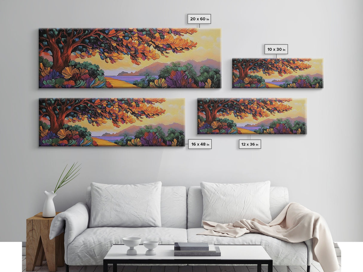 Autumn Tree Path, Sunset Landscape, Nature Art, Framed Canvas Print, Fall wall art, colorful art, boho decor, living room wall art