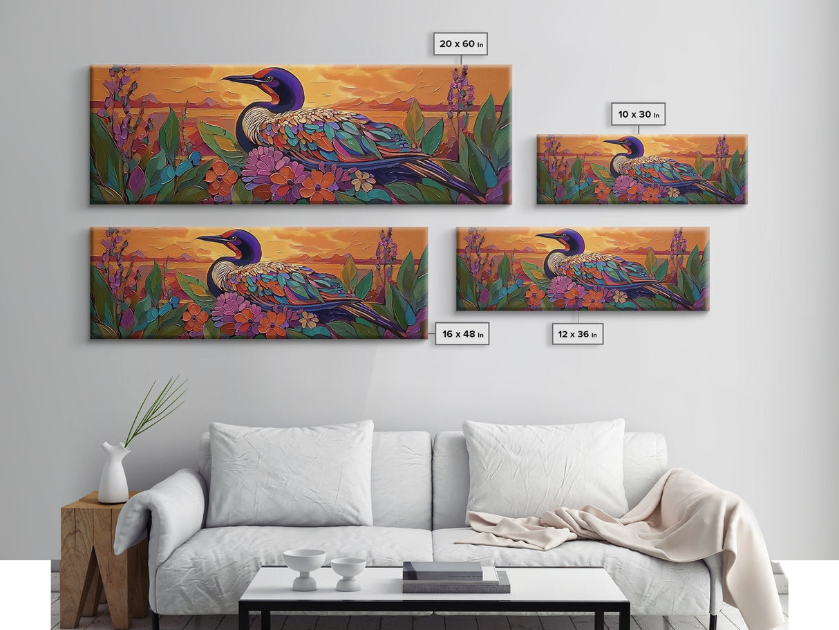 Sunset Bird, Floral Loon, Vibrant Nature, Colorful Wildlife, Canvas Print, cabin wall art, rustic boho art, birdwatcher gift