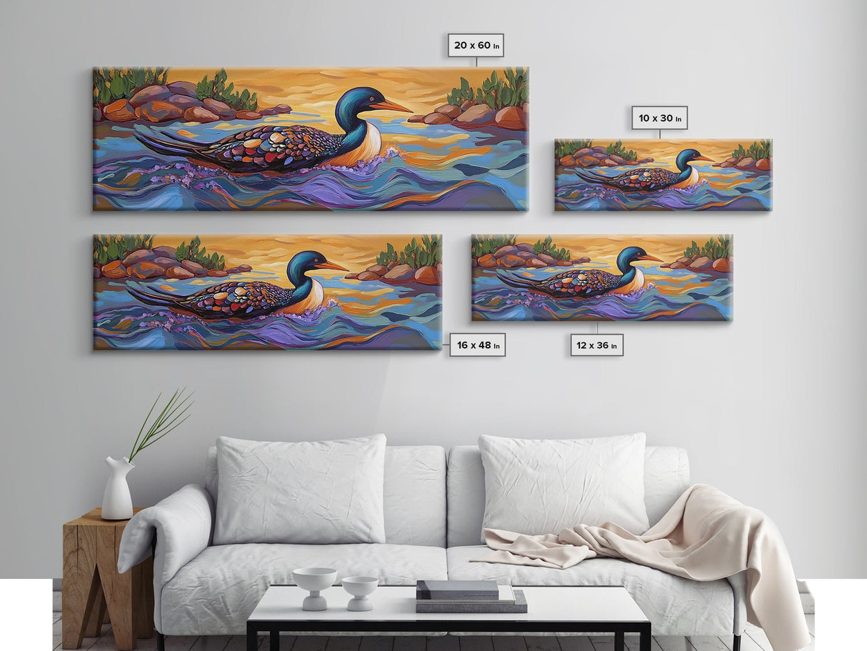 Loon Painting, Tranquil Waters, Sunset Paddle, Colorful Feathers, Framed Canvas Print, lake house art, wildlife nature decor