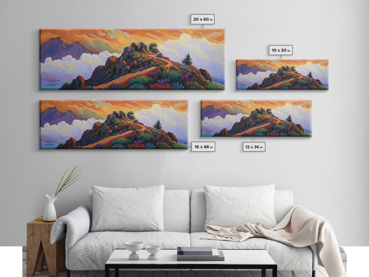 Mountain Peak Trail, Vibrant Sunset Hike Scene, Nature Adventure Wall Art, Framed Canvas Print, Boho Office or Den Decoration