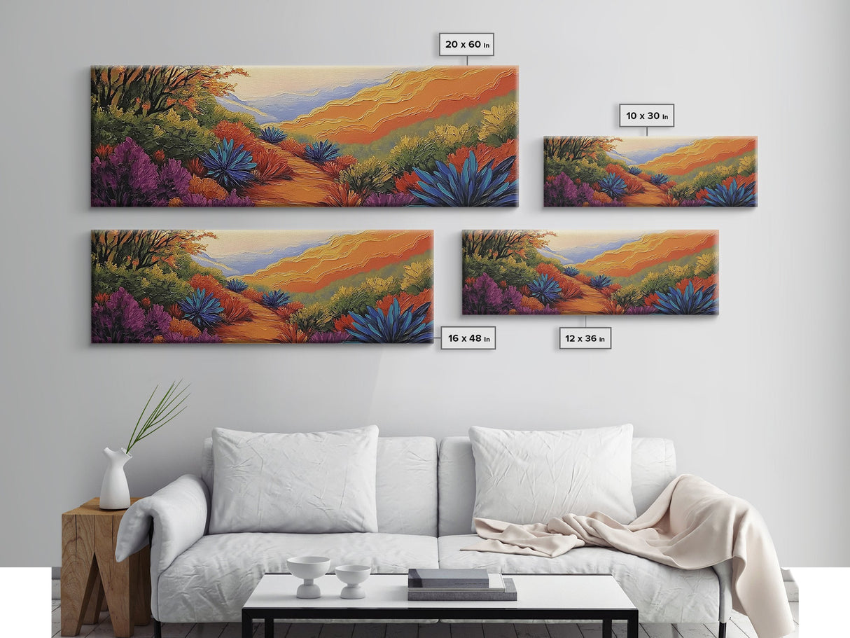 Vibrant Desert Path, Bold Landscape Painting, Agave and Sunset View, Framed Canvas Print, Southwest Kitchen or Hallway Wall Art