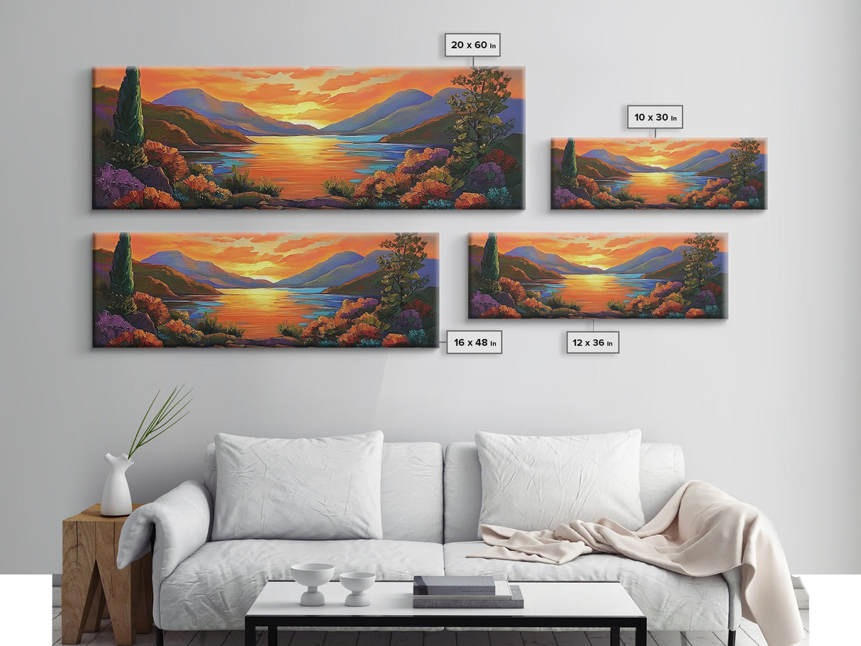 Mountain Sunset Lake, Bold Nature Landscape, Vibrant Water Reflection, Framed Canvas Print, Rustic Living Room or Cabin Wall Art