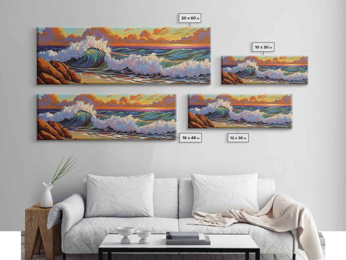 Vibrant Wave Break, Sunset Beach Art, Ocean Surf Decor, Modern Seascape Accent, Living Room Wall, Framed Canvas Print