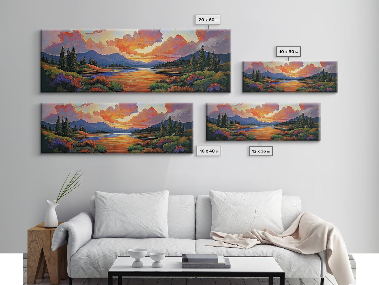 Sunset River, Nature Glow, Autumn Lake, Canvas Print, colorful sunset landscape, rustic mountain scene, Fall decor, cabin wall art