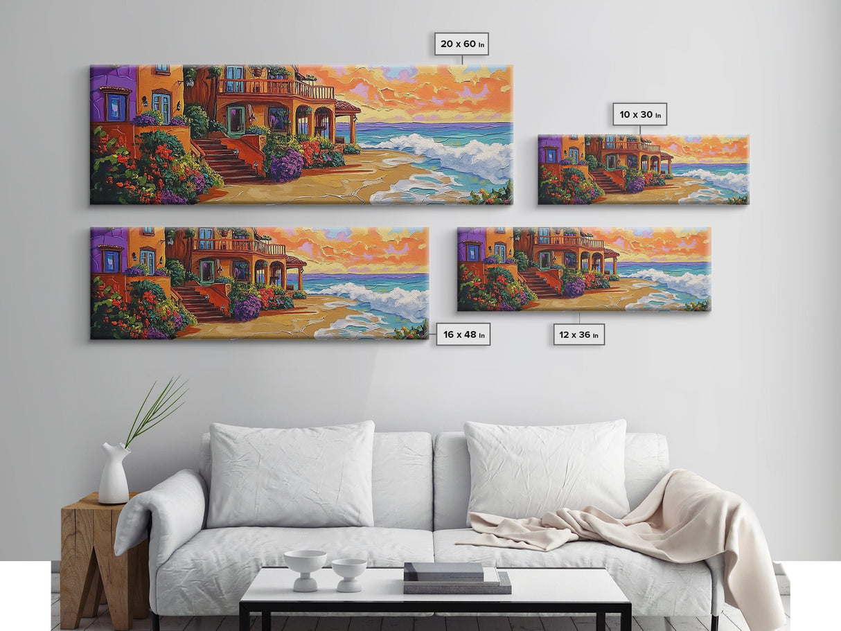 Coastal Villa, Ocean View, Sunset Beach, Canvas Print, Mediterranean house art, colorful seaside decor, boho kitchen art