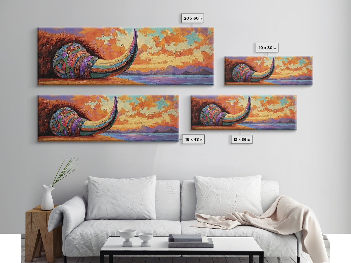 Longhorn Skull, Sunset Sky, Boho Western, Tribal Texture, Framed Canvas Print, Desert Wall Art, Living Room Decor, Southwestern Vibe