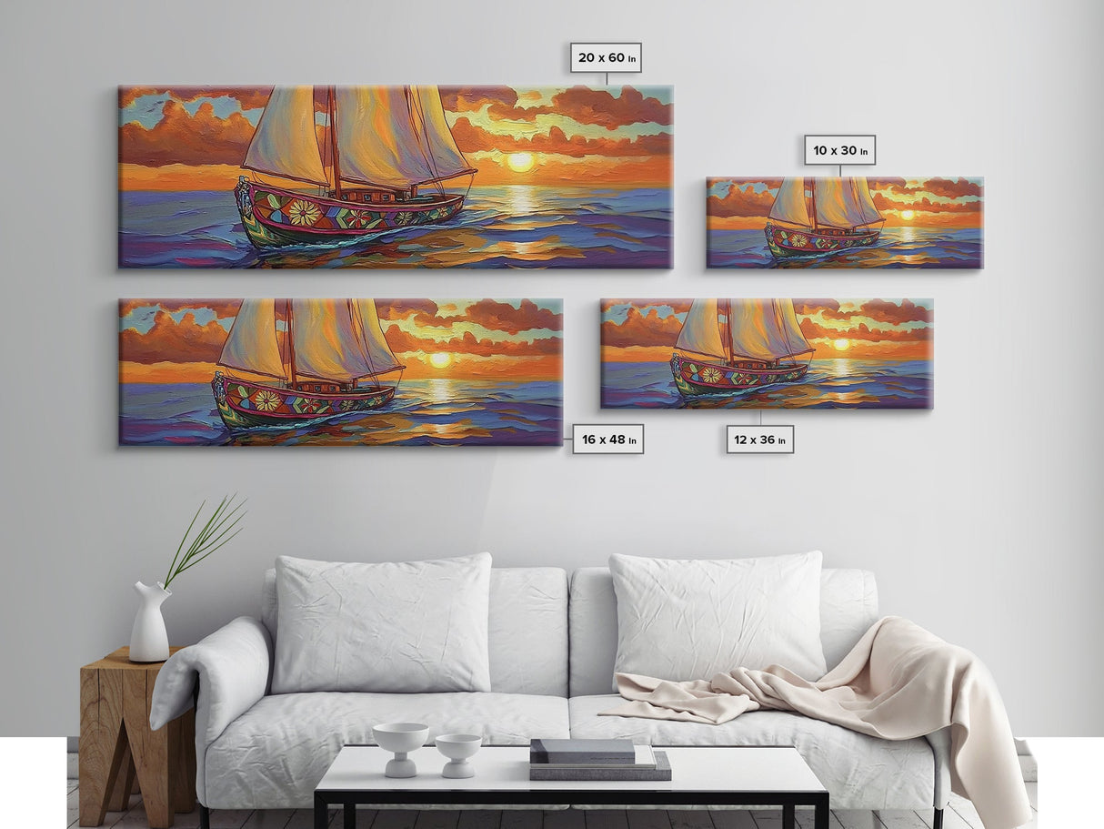Sunset Sailboat Dream, Vibrant Ocean Painting, Nautical Coastal Wall Art, Canvas Print, Beach House Decor, Living Room Statement Piece