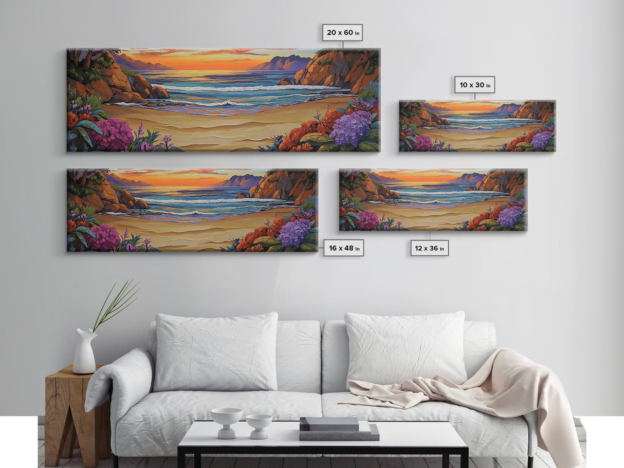 Tranquil Beach Sunset, Colorful Coastal Scene, Ocean Cliff View, Floral Accents, Framed Canvas Print, Dining Room art, Office Art
