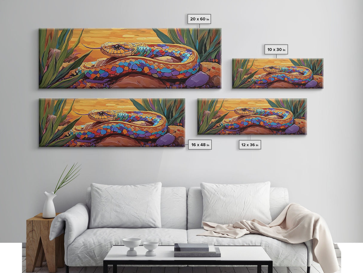 Sunset Snake Painting, Colorful Desert Creature, Serpent Among Rocks, Framed Canvas Print, Boho Wall Art, Eclectic Decor Piece