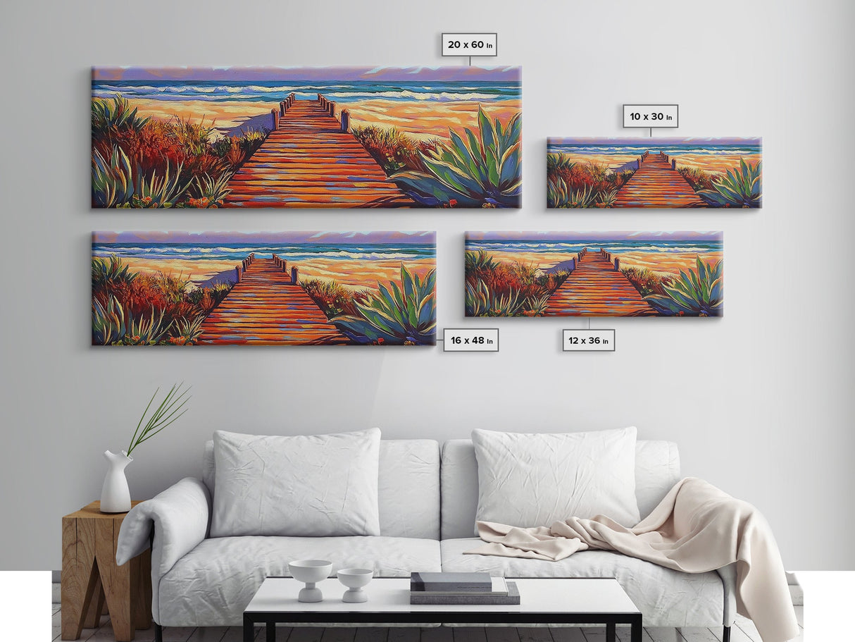 Seaside Path Art, Beach Boardwalk Print, Coastal Nature Scene, Tropical Living Room Wall Decor, Boho Style Framed Canvas Print