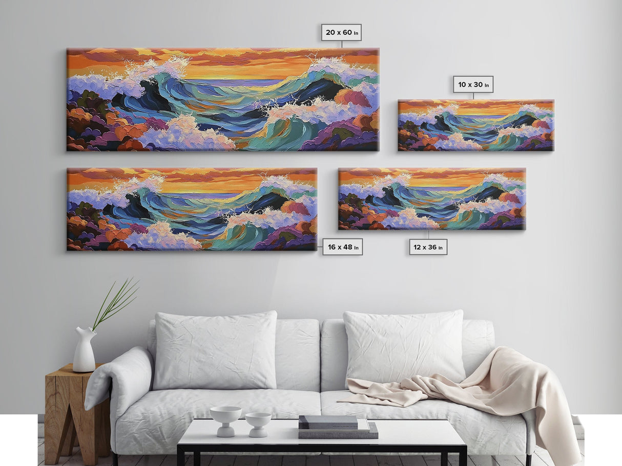 Breaking Waves Seascape, Ocean Wall Art, Sunset Coastal View, Framed Canvas Print, Nautical Living Room Decor, Beach Style