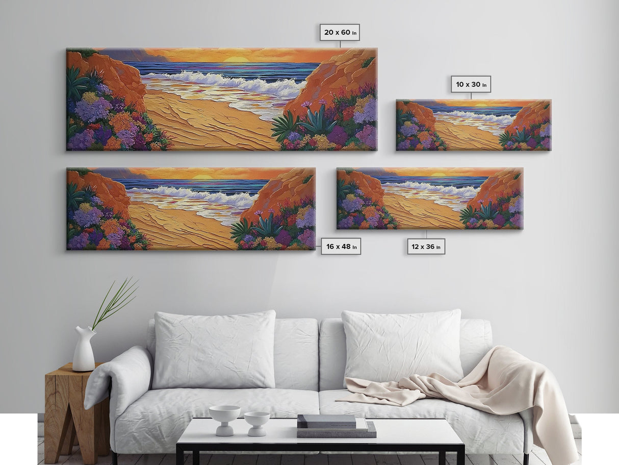 Tropical Cove, Sunset Beach, Colorful Blooms, Coastal Escape Framed Canvas Print, Bedroom Wall Art, Bold Landscape Painting