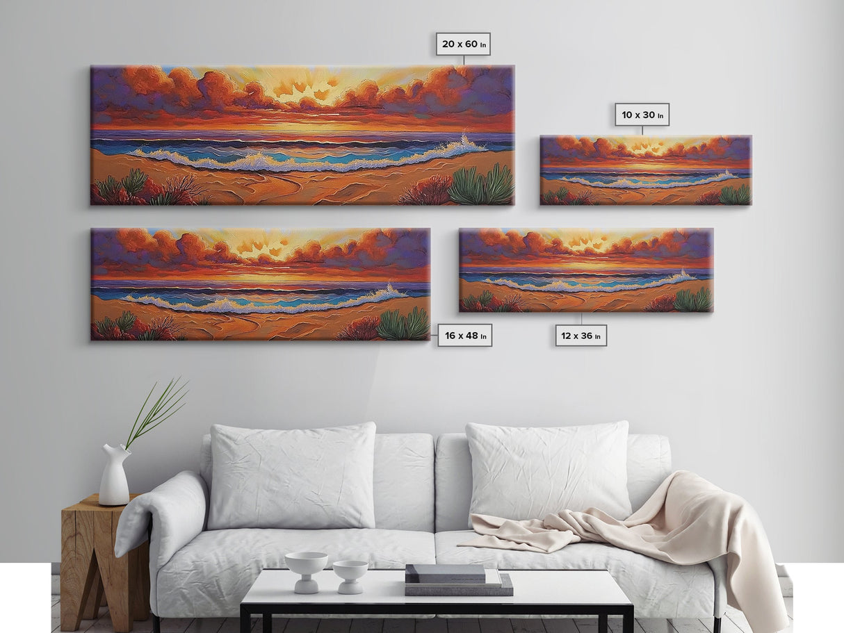 Sunset Coastline, Dramatic Sky, Evening Surf, Autumn Horizon Framed Canvas Print, Dining Room Wall Art, Moody Coastal Art