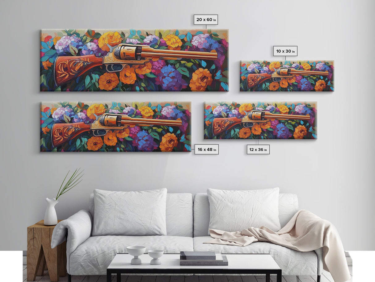 Golden Revolver Art, Floral Gun Painting, Western Floral Wall, Cowboy Chic Style, Framed Canvas Print, Man Cave Southwestern Decor