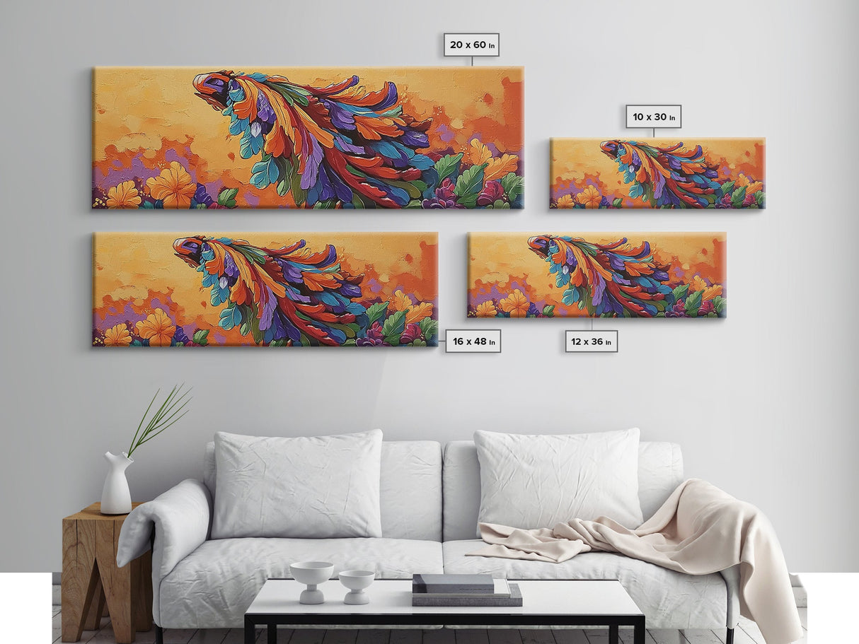 Tropical Parrot, Feathers Bloom, Jungle Vibes, Framed Canvas Print, Bright Animal Wall Art, Boho Living Room Decor, Bold Colors