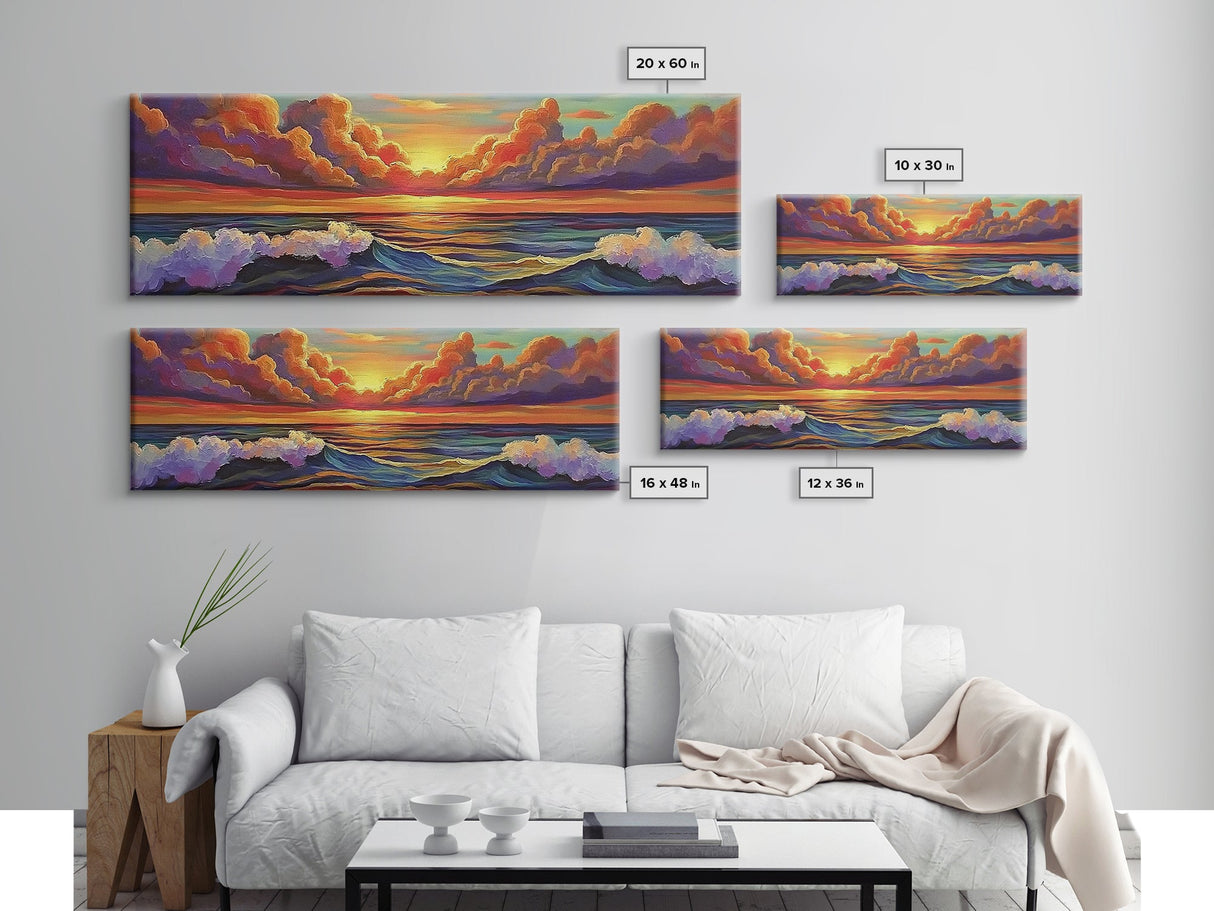 Dramatic Clouds, Sunset Sea, Ocean Glow, Framed Canvas Print, Bold Coastal Wall Art, Colorful Living Room Decor, Dreamy Seascape Style