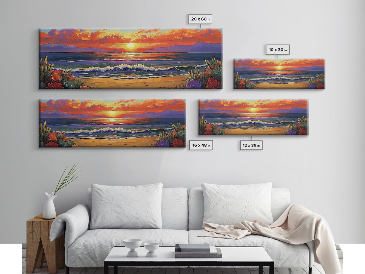 Sunset Shoreline Glow, Coastal Floral Painting, Serene Nature Art, Canvas Print, Boho Beach Decor, Living Room or Bedroom Wall Art