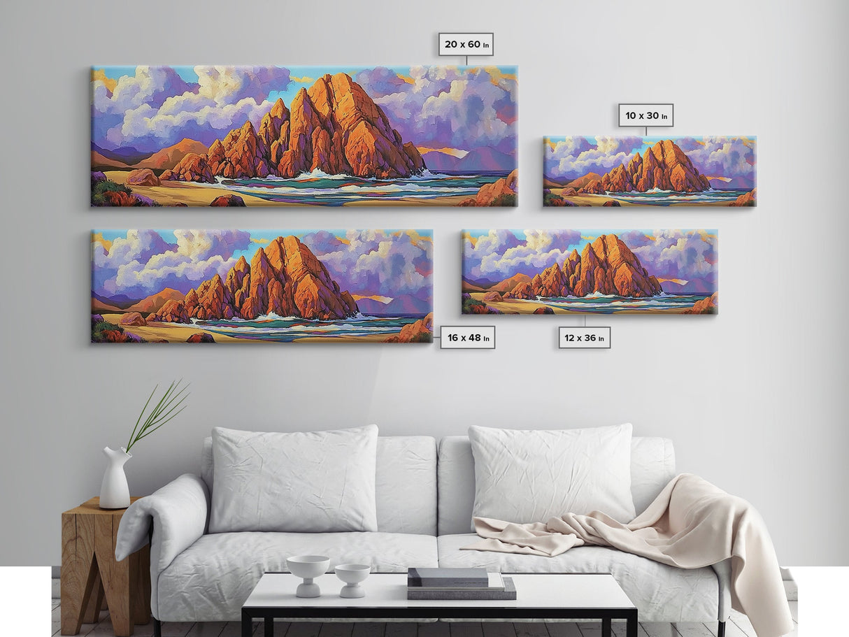 Rocky Beach Escape, Sunset Ocean View, Coastal Nature Art, Canvas Print, Tropical Wall Art, Bold Color Decor, Bedroom Seascape Art