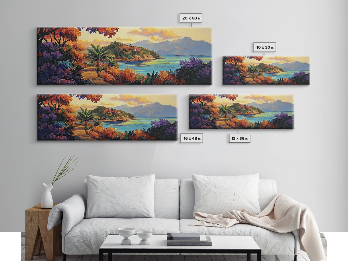 Island Retreat, Ocean View, Palm Trees, Colorful Foliage, Framed Canvas Print, tropical wall art, boho living room accent piece