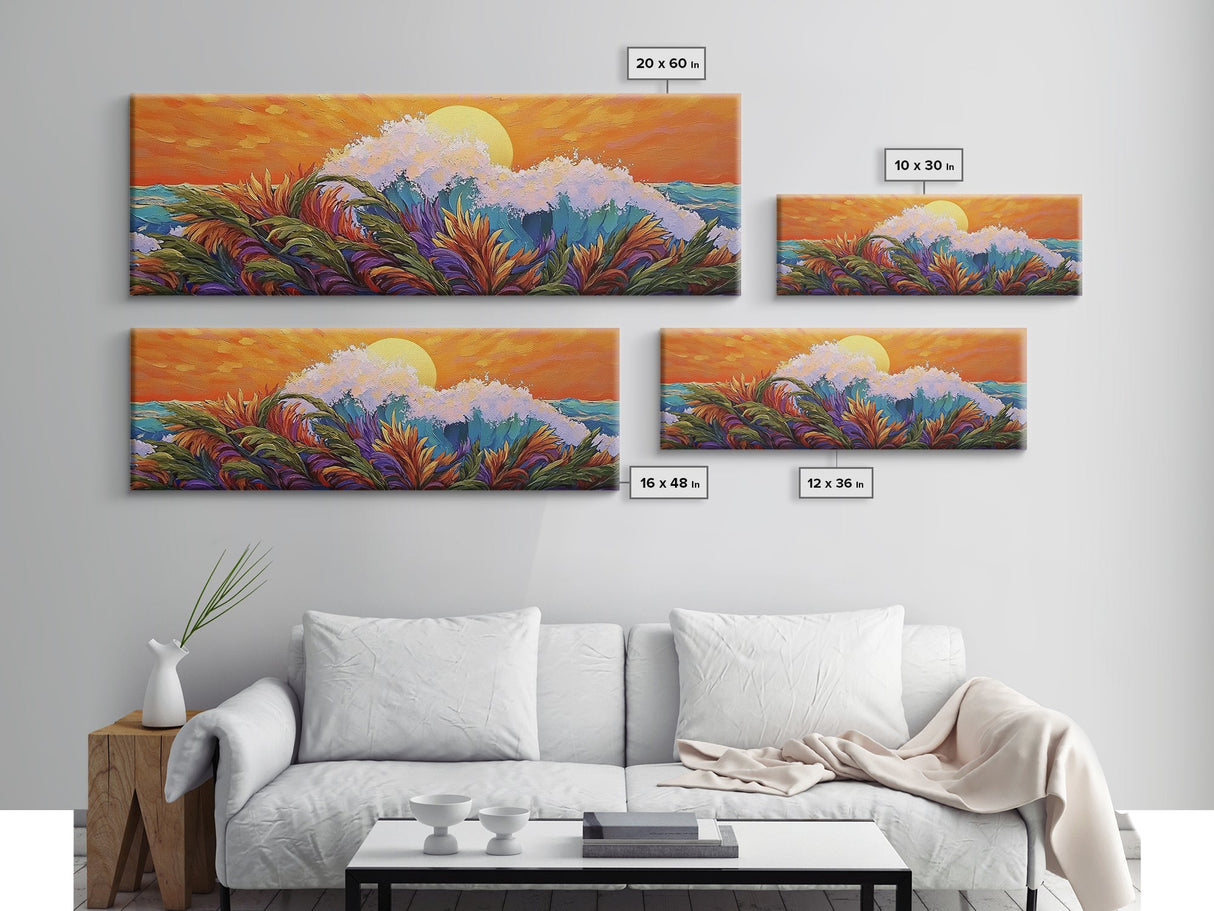 Sunset Wave, Colorful Spray, Ocean Burst, Warm Tones, Framed Canvas Print, surf-inspired bedroom art, coastal decor, tropical fall wall piece