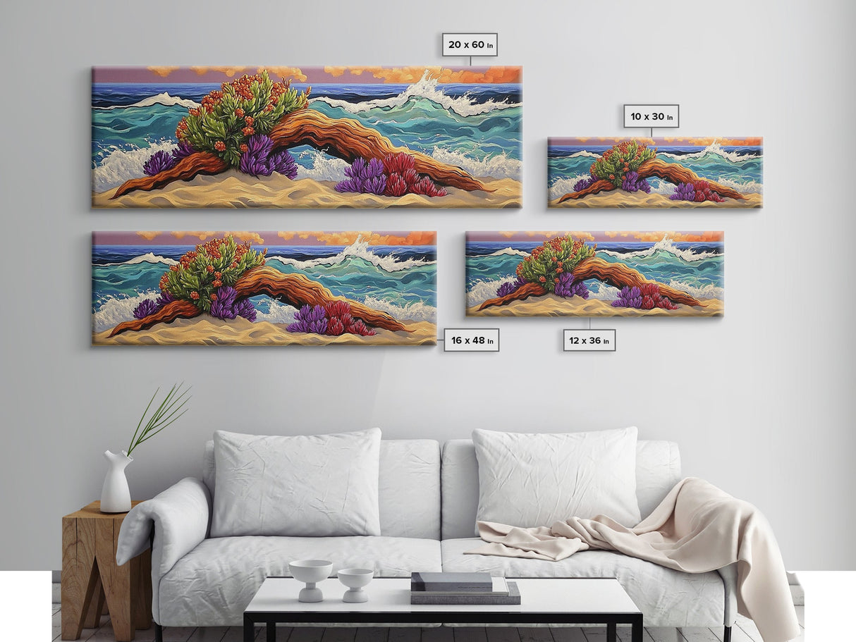 Driftwood Coast, Colorful Ocean, Beach Nature, Framed Canvas Print, Coastal Wall Art, Tropical Living Room Decor, Surreal Seascape Art