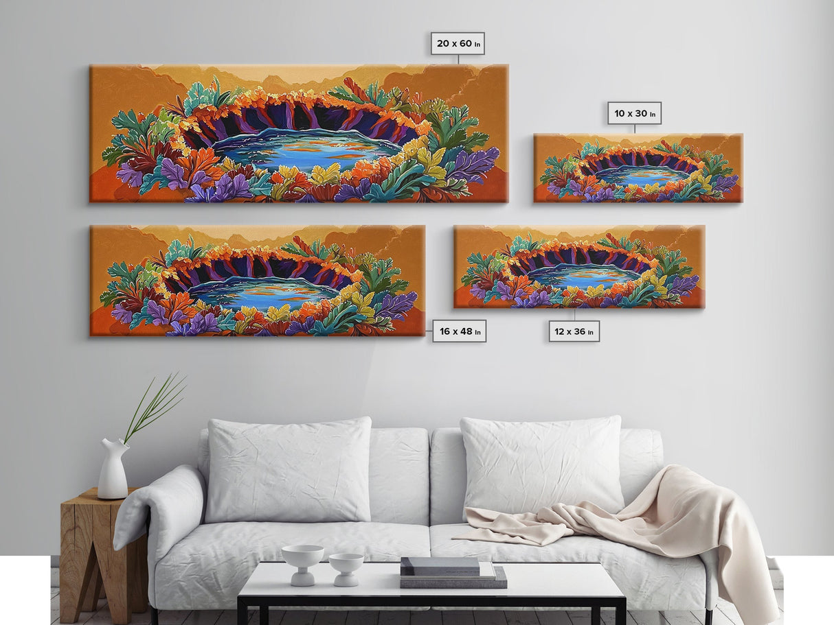 Autumn Oasis, Colorful Pond, Nature Fantasy, Framed Canvas Print, Fall Wall Art, Botanical Bedroom Decor, Vibrant Landscape Painting