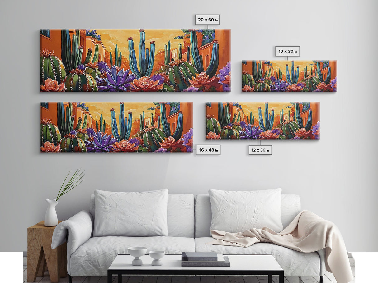 Desert Garden Magic, Colorful Cactus Landscape, Urban Nature Art, Framed Canvas Print, Living Room Southwest Decor, Boho Sunset Wall Art