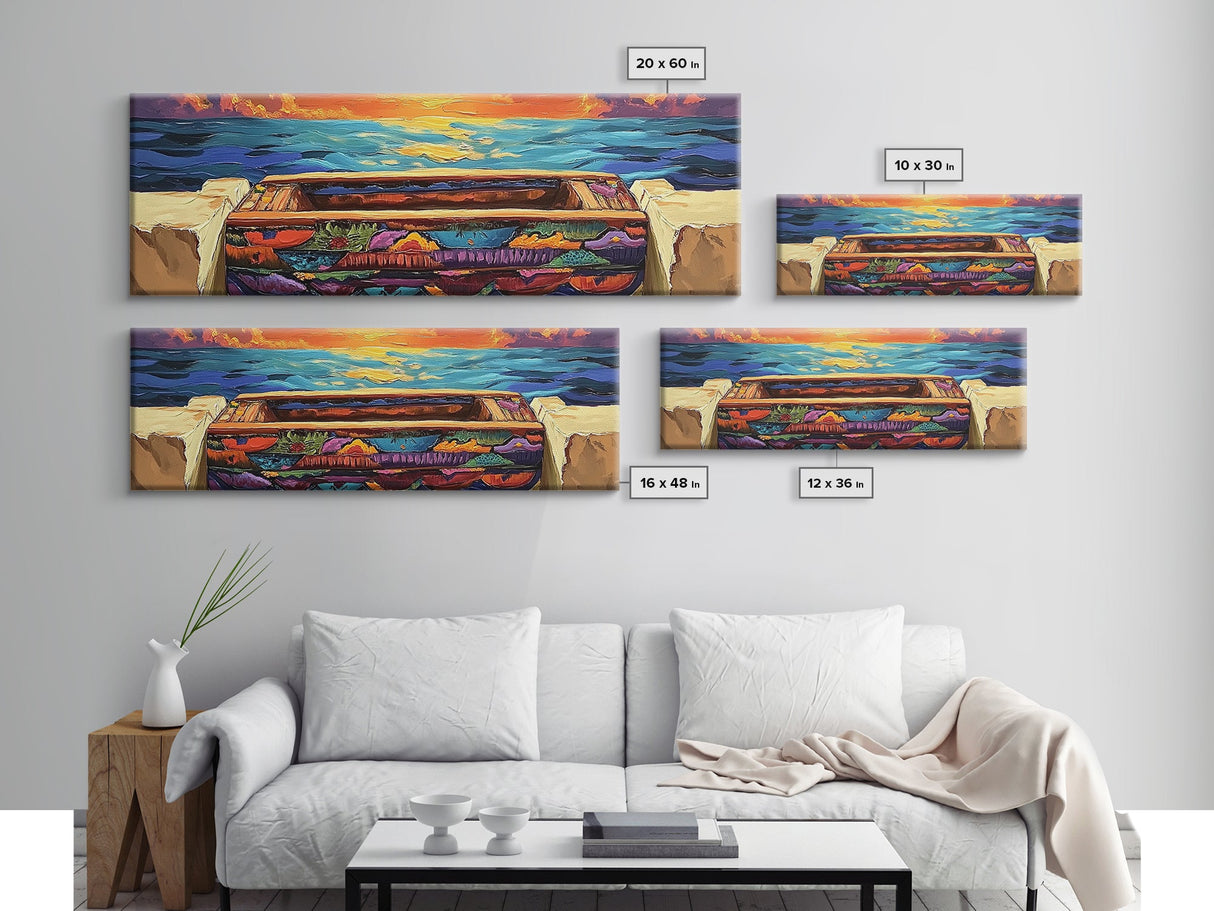 Sunset Pier, Ocean Horizon, Bold Seascape, Framed Canvas Print, Beach House Wall Art, Coastal Dining Room Decor, Vibrant Nautical Art