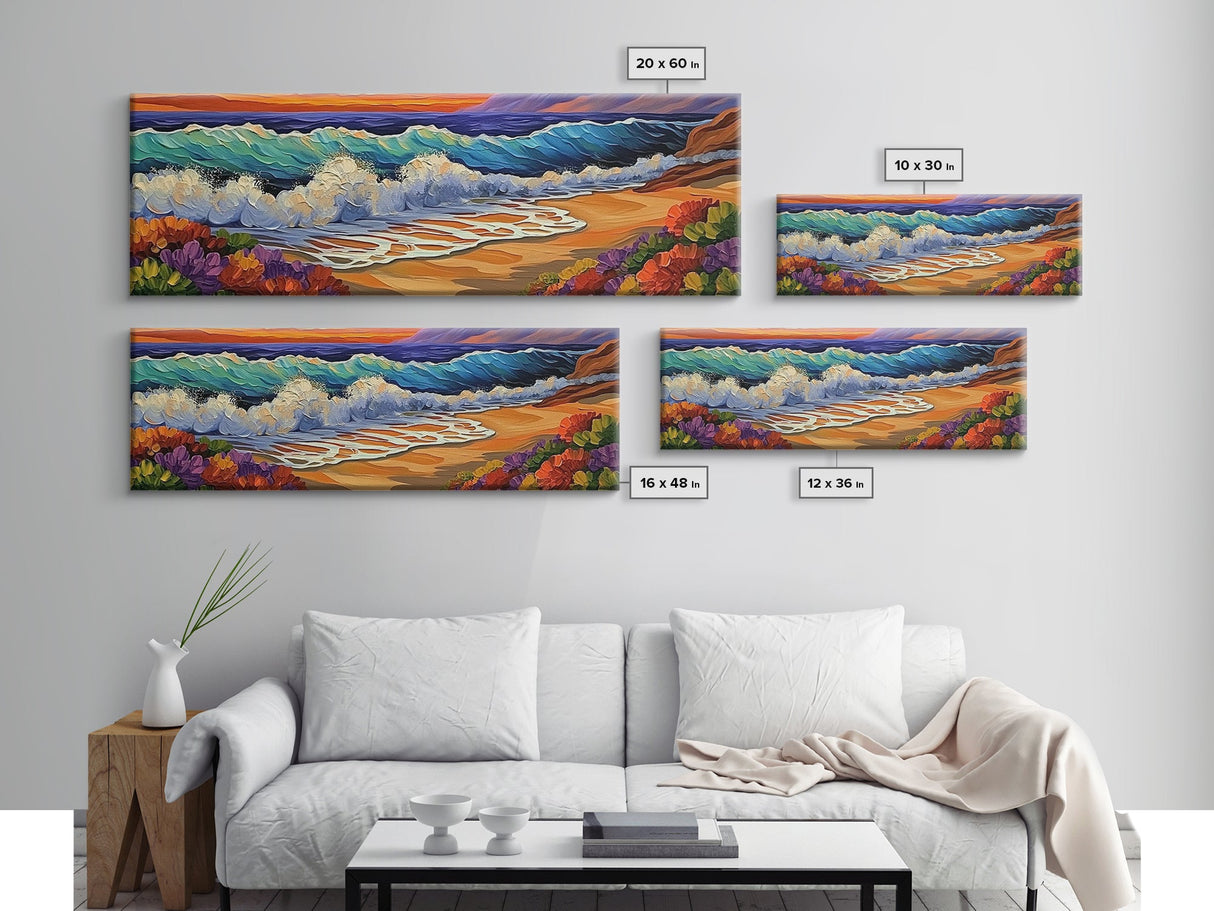 Crashing Waves, Sunset Sea, Bold Ocean Art, Framed Canvas Print, Vibrant Beach Wall Decor, Bathroom Nautical Theme, Color Splash Style