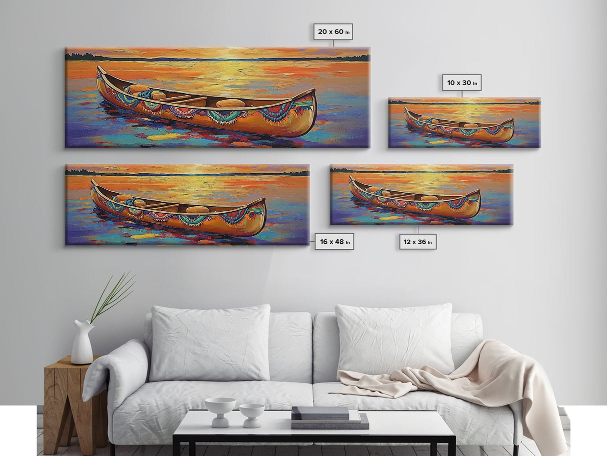 Sunset Lake Canoe, Peaceful Evening Art, Autumn Water Scene, Canvas Print, Rustic Cabin Wall Art, Colorful Lakehouse Decor