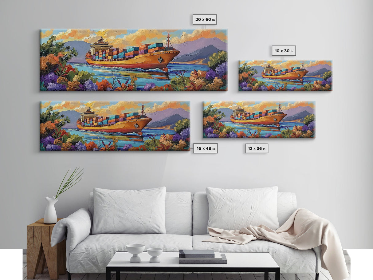 Coastal Cargo Ship, Vibrant Ocean Painting, Nautical Decor, Container Ship Art, Canvas Print, Modern Seascape, Office Wall Art, Boho Art