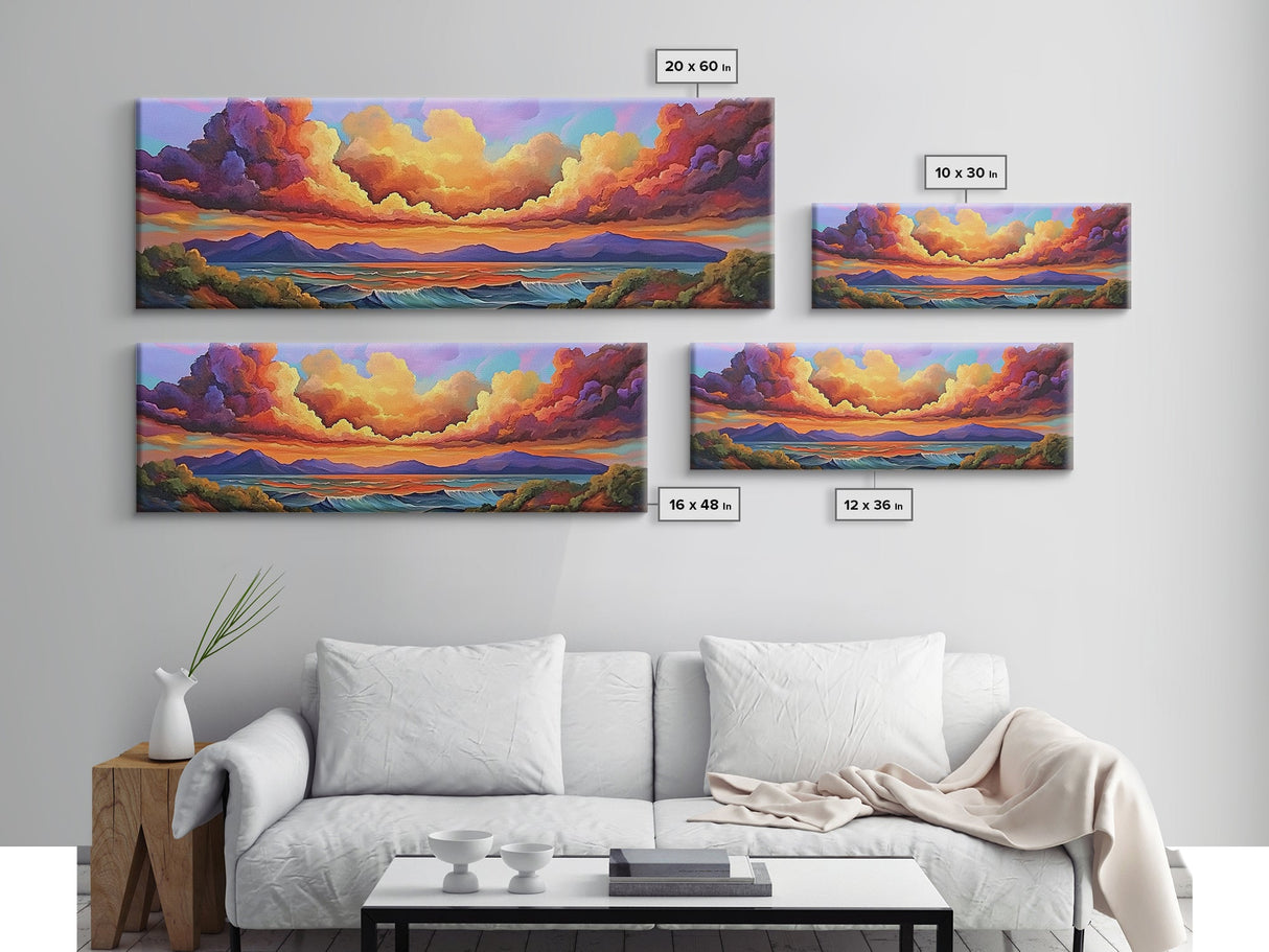 Sunset Waves, Vibrant Clouds, Mountain Sea View, Framed Canvas Print, Colorful Seascape Art, Moody Bedroom Decor, Ocean Landscape