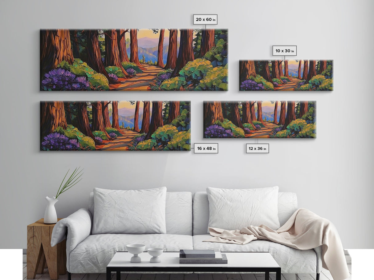 Redwood Forest, Sunset Path, Nature Trail, Peaceful Escape, Framed Canvas Print, Nature Wall Art, Bedroom Decor, Rustic Cabin Art