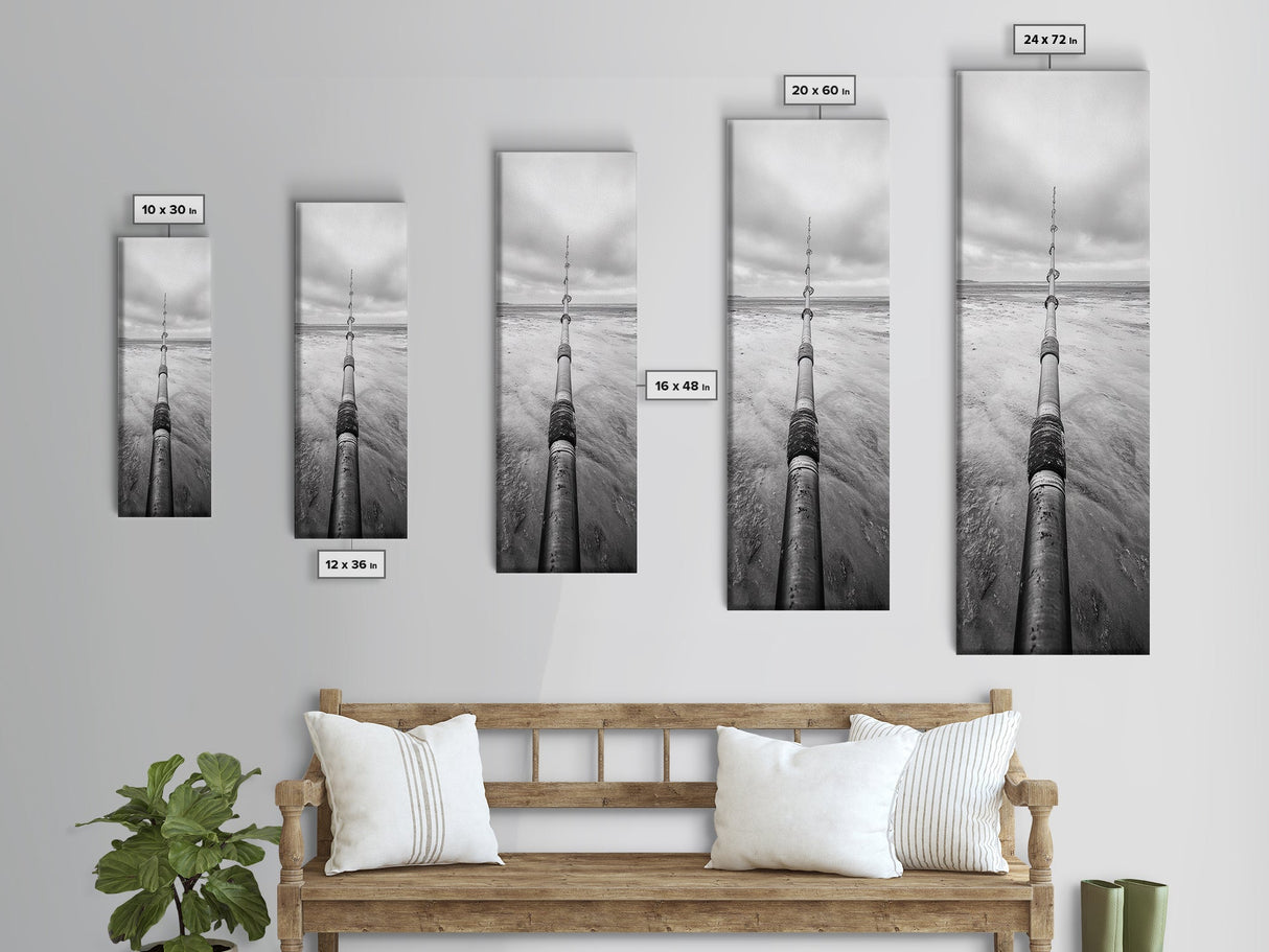 Pipeline Perspective, Industrial Seascape, Grunge Aesthetic, Framed Canvas Print, Coastal industrial art, Minimalist hallway decor, Monochrome print