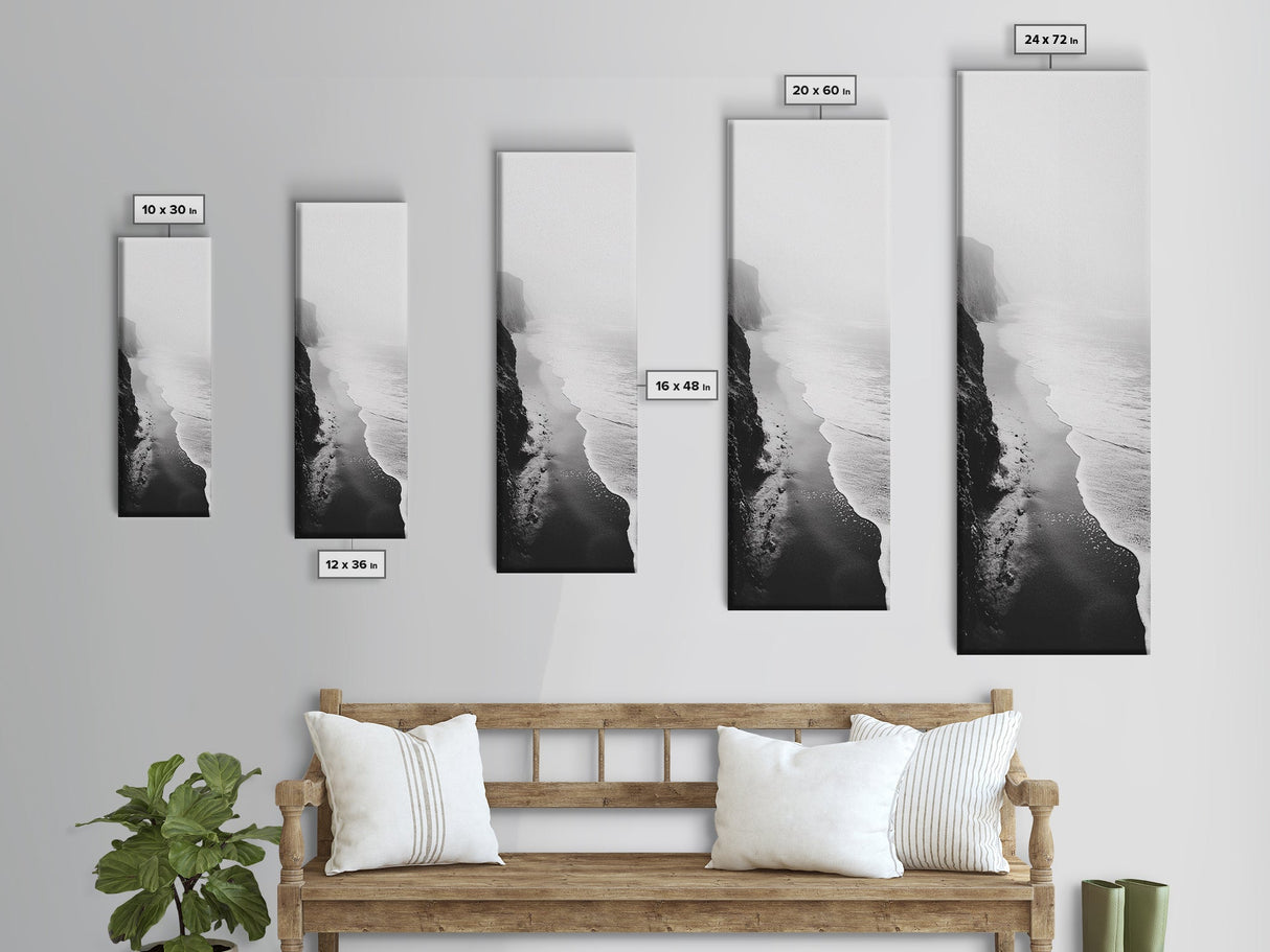 Foggy Cliffs, Ocean Shoreline, Monochrome Beach, Canvas Print, Black and white beach art, Coastal minimalist hallway decor, Modern seascape gift