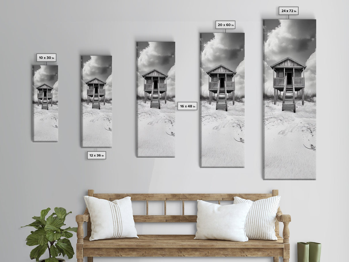 Beachfront Cabin, Rustic Shack, Seaside Simplicity, Cloudy Sky, Island Life, Framed Canvas Print, Entryway Wall Art, Coastal Farmhouse Decor