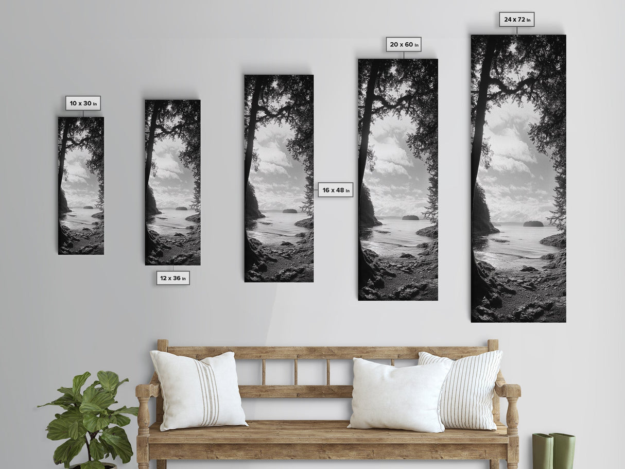 Island View, Forest Coastline, Secluded Shore, Tranquil Ocean Scene, Canvas Print, Boho Decor, Entryway Wall Art, Nature Wall Aesthetic