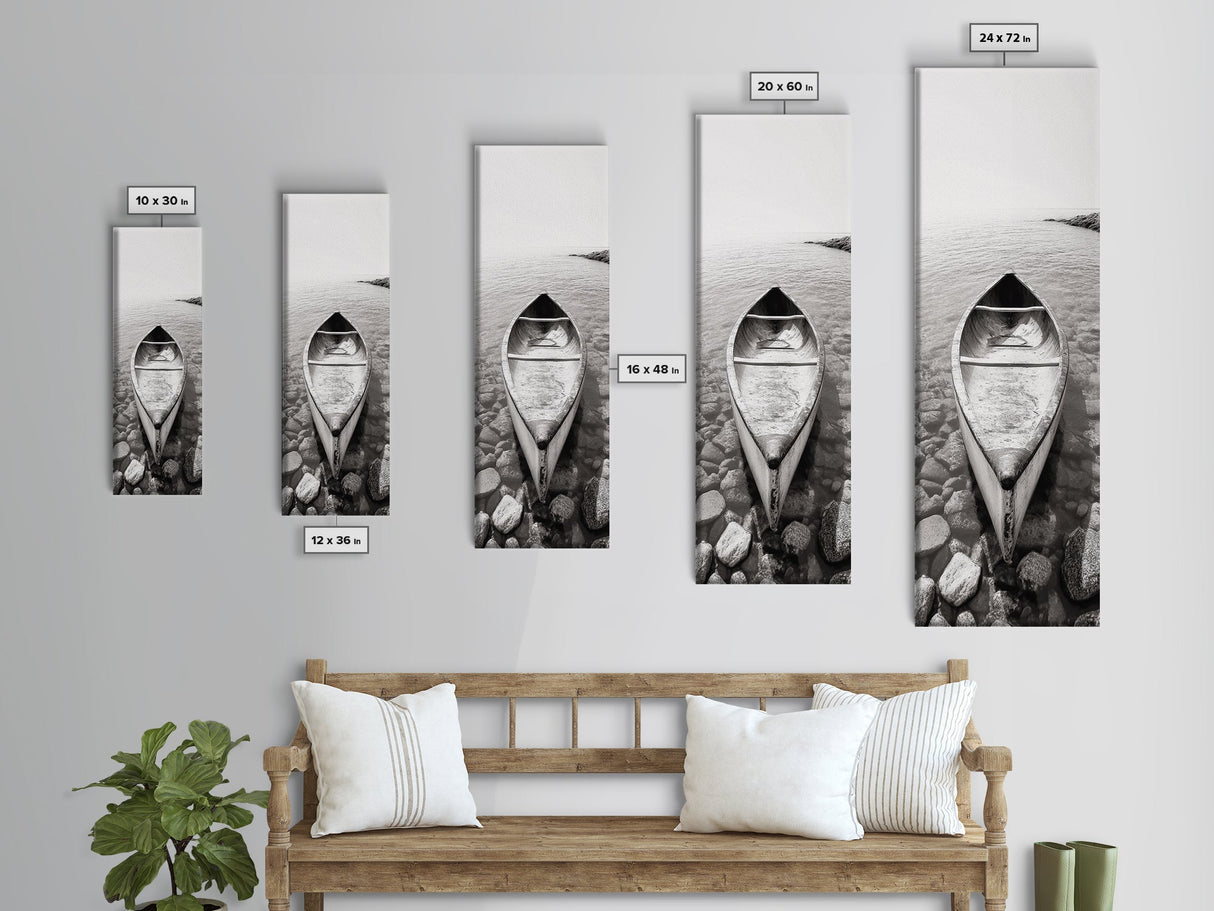 Rowboat Stillness, Peaceful Waters, Lake Canoe, Canvas Print, Entryway Wall Art, Minimalist Home Decor, Black and White Photography
