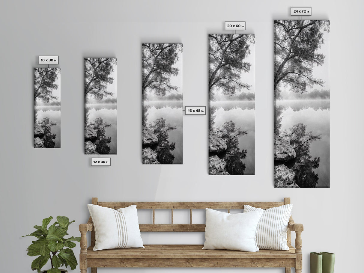 Misty Lake, Tree Reflection, Tranquil Morning, Framed Canvas Print, Bedroom Wall Art, Serene Nature Photography, Minimalist Art Style