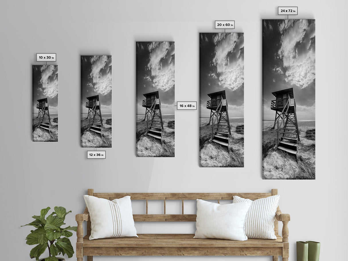 Lifeguard Tower, Beach Vibes, Ocean Escape, Dramatic Sky, Framed Canvas Print, Surf Shack Decor, Coastal Bedroom Wall Art, Minimal Beach Art