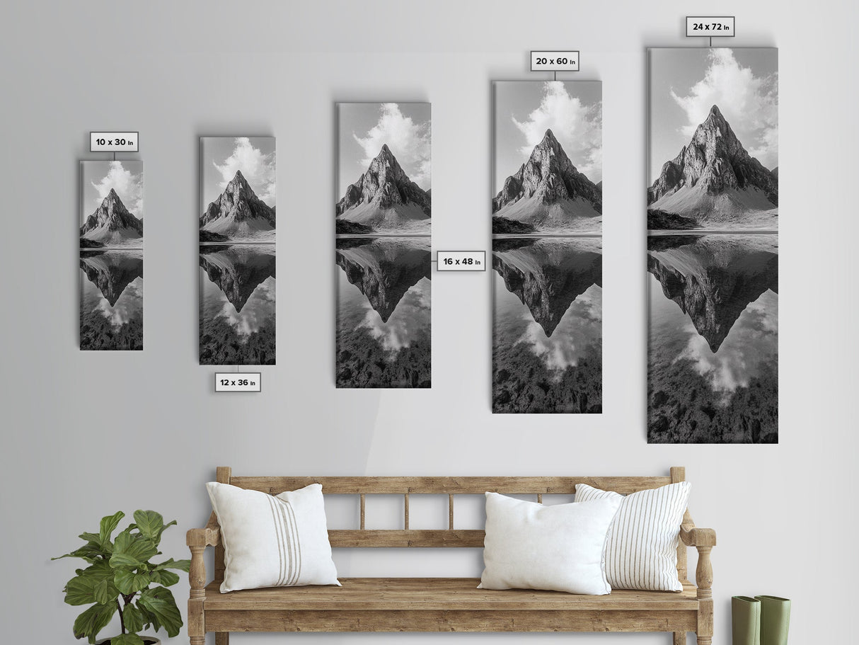 Sharp Mountain Peak, Reflection Stillness, Monochrome Wild, Framed Canvas Print, Rustic Cabin Wall Art, Nature Lover Gift Idea
