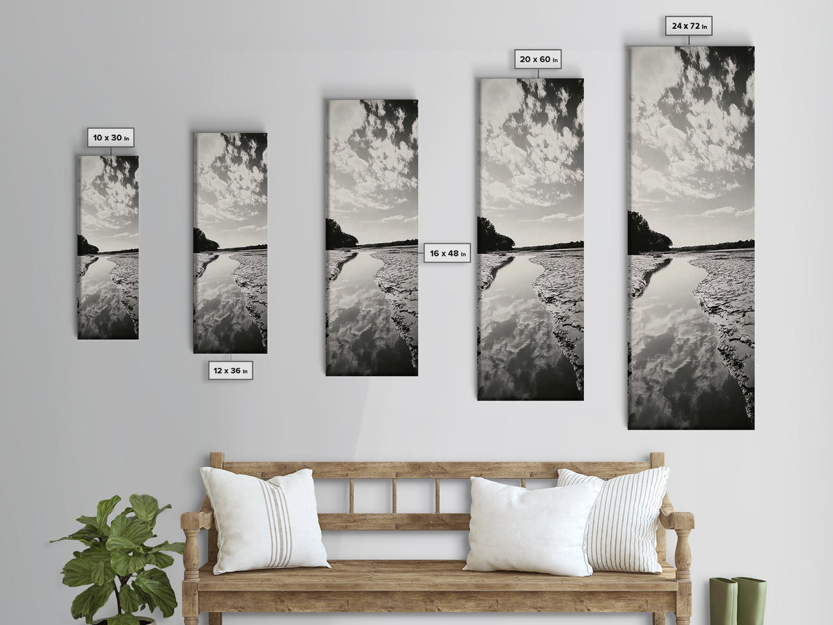 Muddy River Curve, Autumn Skies, Cracked Earth Flow, Canvas Print, Fall Nature Wall Art, Farmhouse Decor, Earth Tone Photography