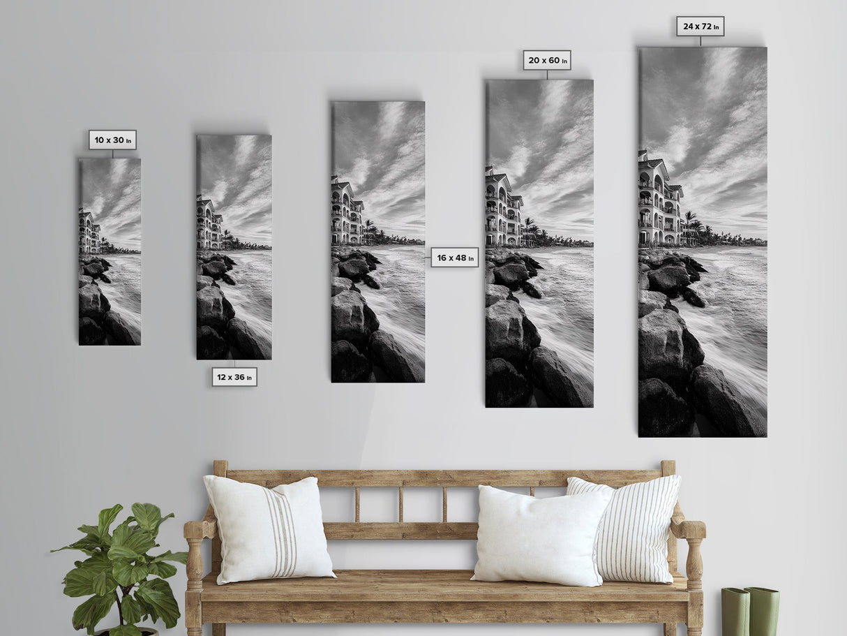 Coastal Resort Scene, Waves Rocks Hotel, Tropical Vacation Art, Beach House Wall Decor, Canvas Print, Living Room Style, Coastal Minimalist
