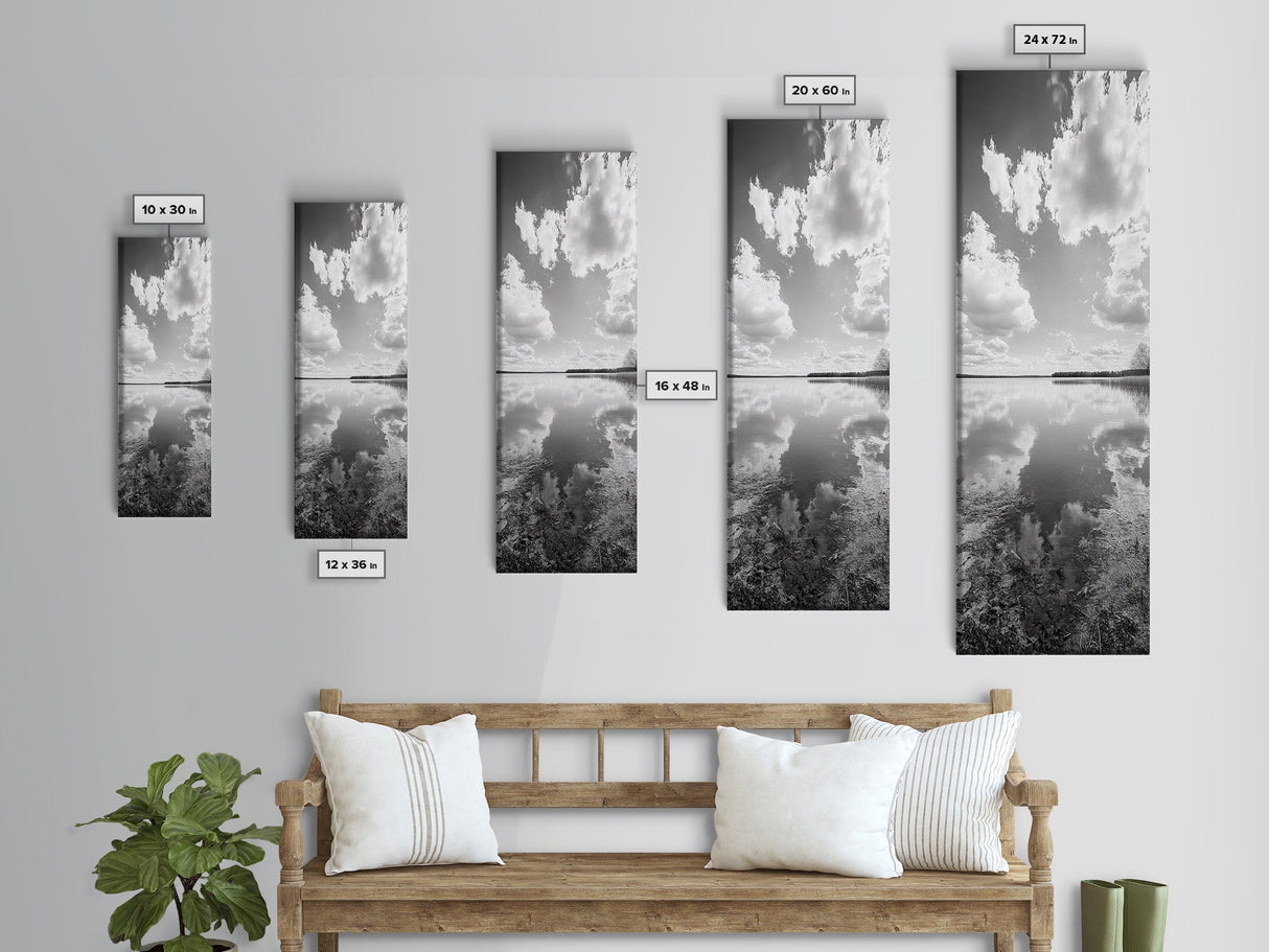 Lake Reflection, Calm Waters, Cloudy Sky, Minimalist Landscape, Framed Canvas Print, Neutral Living Room Art, Tranquil Nature Scene
