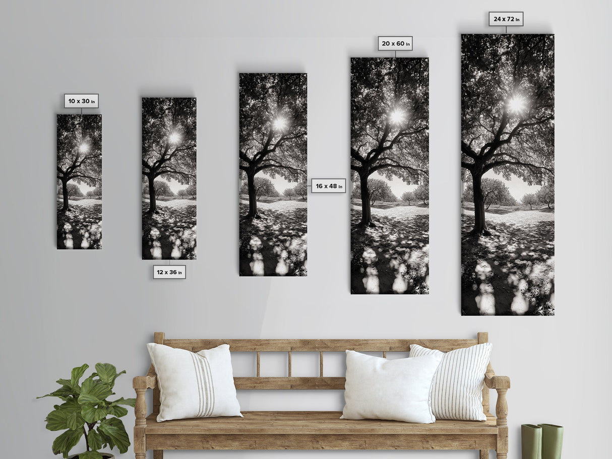 Sunlight Tree, Autumn Glow, Nature Shadowplay, Black White Forest Scene, Canvas Print, Fall Living Room Art, Boho Earthy Wall Decor