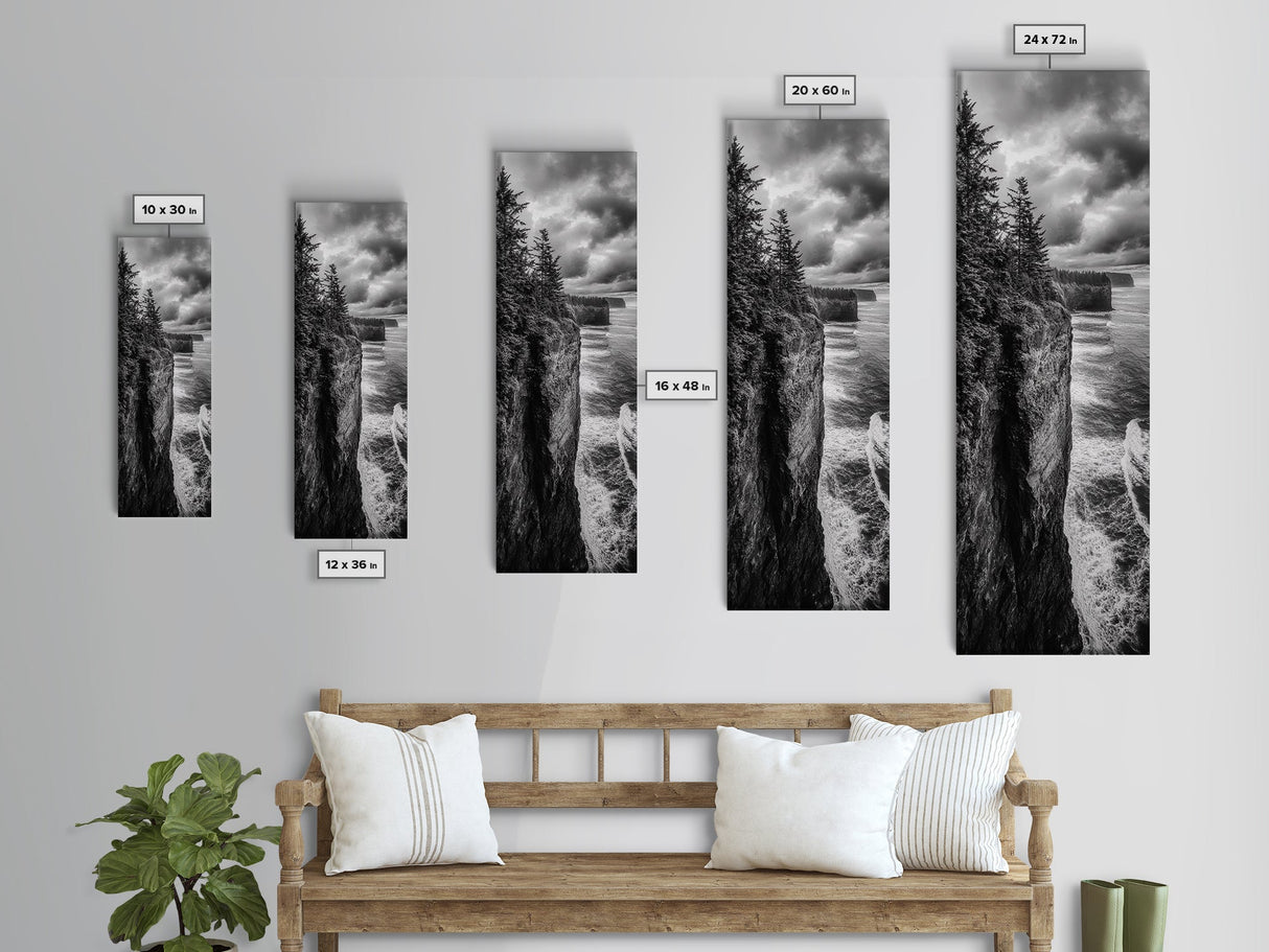 Cliff Coastline, Moody Ocean, Pine Trees, Dramatic Nature Scene, Canvas Print, Cabin Wall Art, Fall Coastal Photography, Rustic Decor