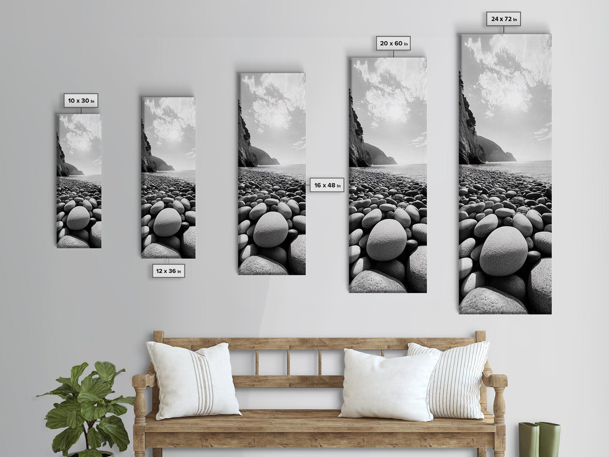 Rocky Beach View, Ocean Horizon, Sunrise Light, Framed Canvas Print, Relaxing Bedroom Wall Art, Modern Coastal Photography, Bathroom Wall Art