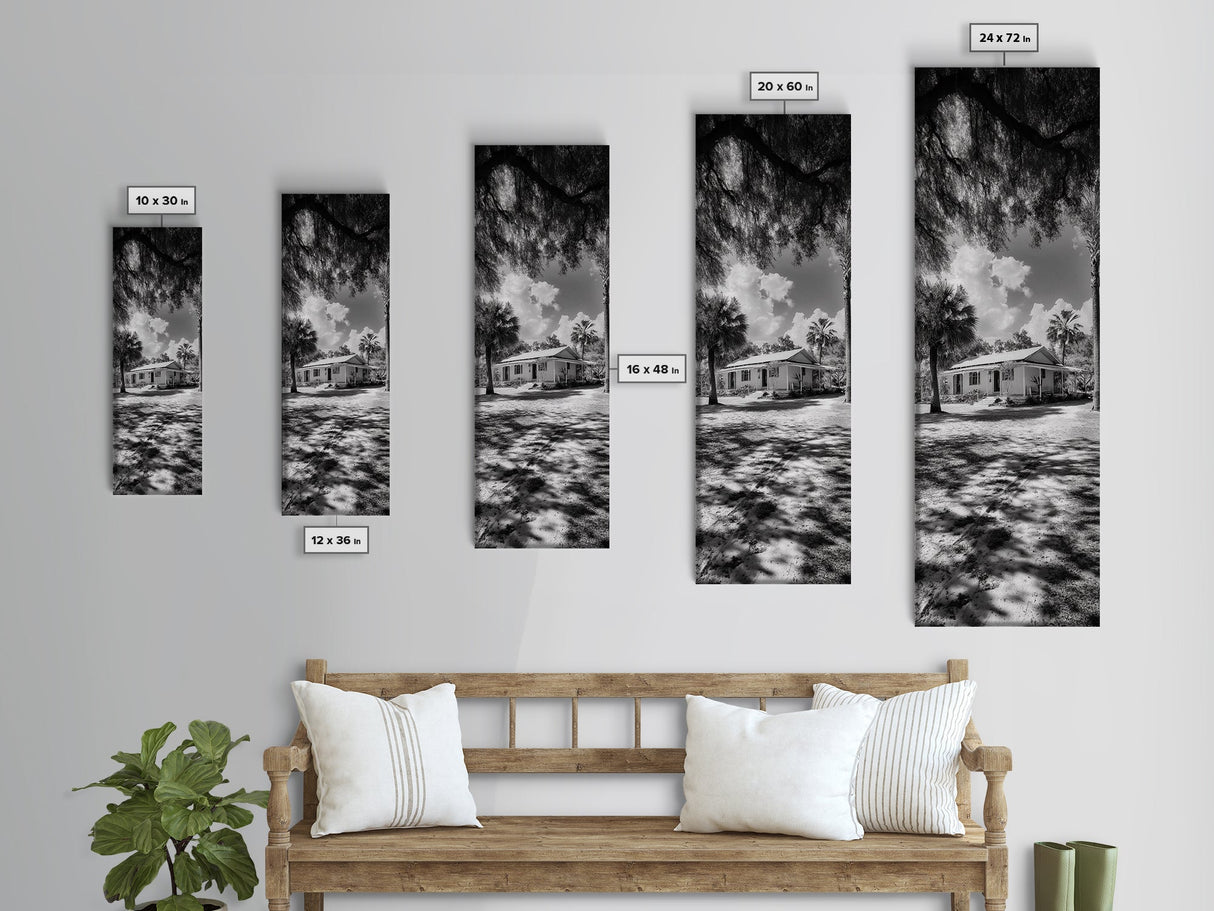 Tropical House, Palm Trees, Bright Sky, Southern Charm, Framed Canvas Print, Living Room Wall Art, Modern Beach House Decor