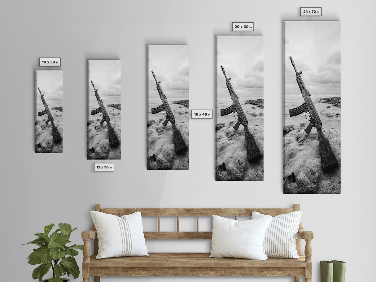 War Relic, AK Rifle, Surreal Beach Scene, Framed Canvas Print, Bold Statement Art, Bachelor Pad or Office Decor, Rustic Industrial Style