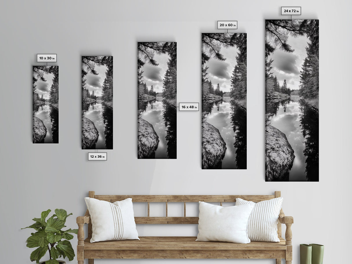 Forest Reflection, Lake Stillness, Tranquil Pines, Nature Calm, Black and White Canvas Print, Bedroom Wall Art, Cabin Vibes